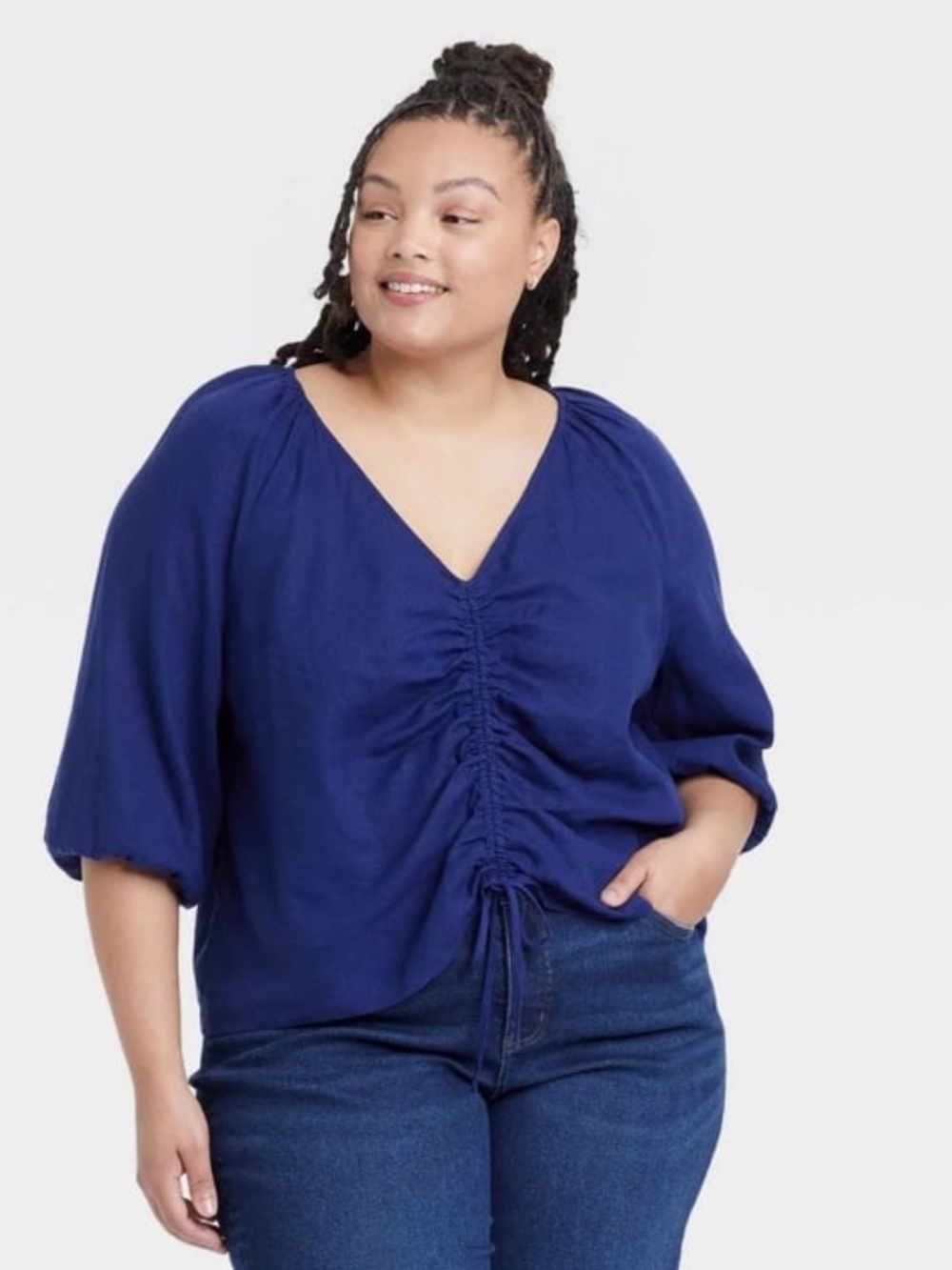 Ava & Viv Women's Plus Size 3/4 Sleeve Ruched Front Blouse Navy Blue Size 1X